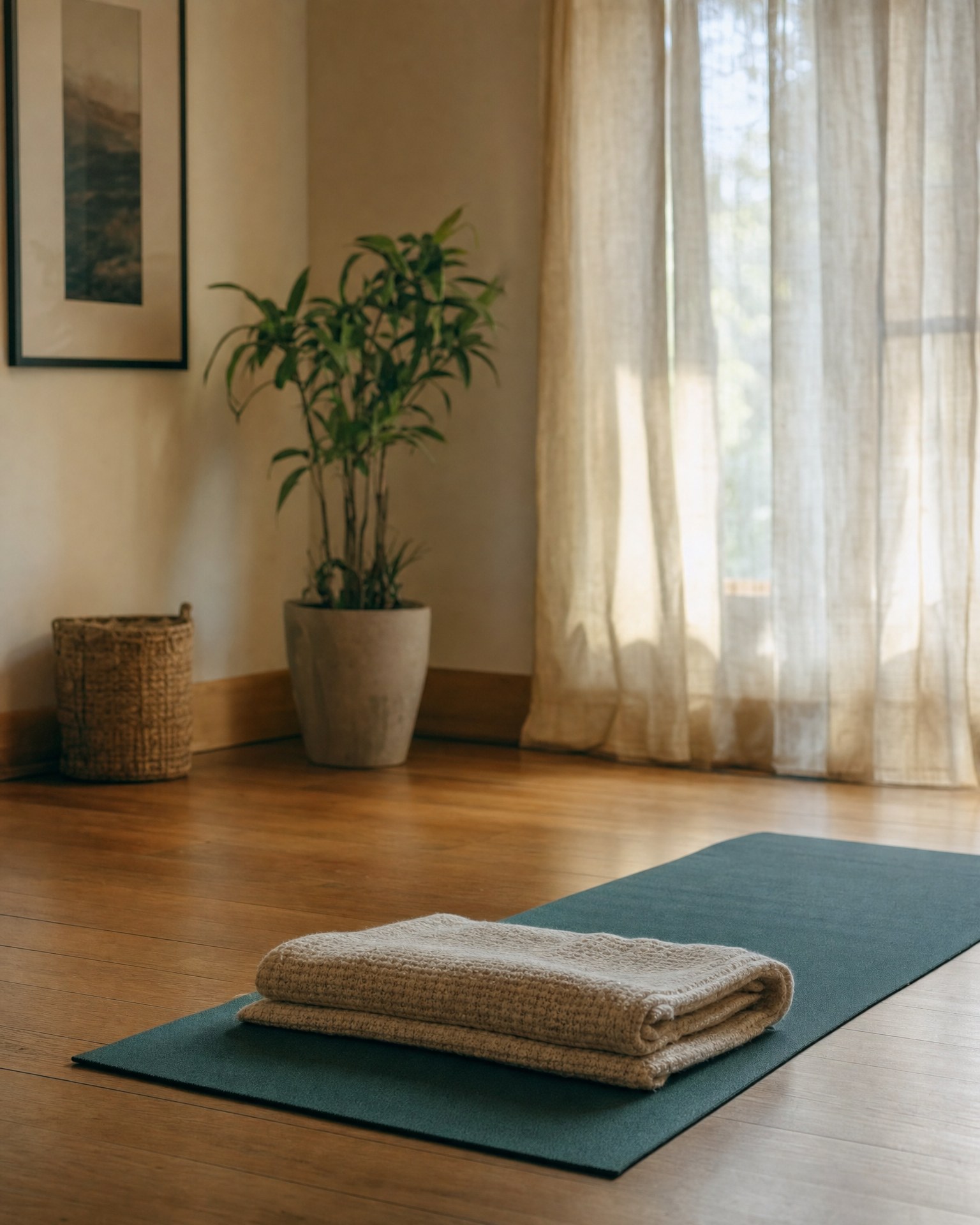 A calm session room with a mat, a folded blanket and soft daylight