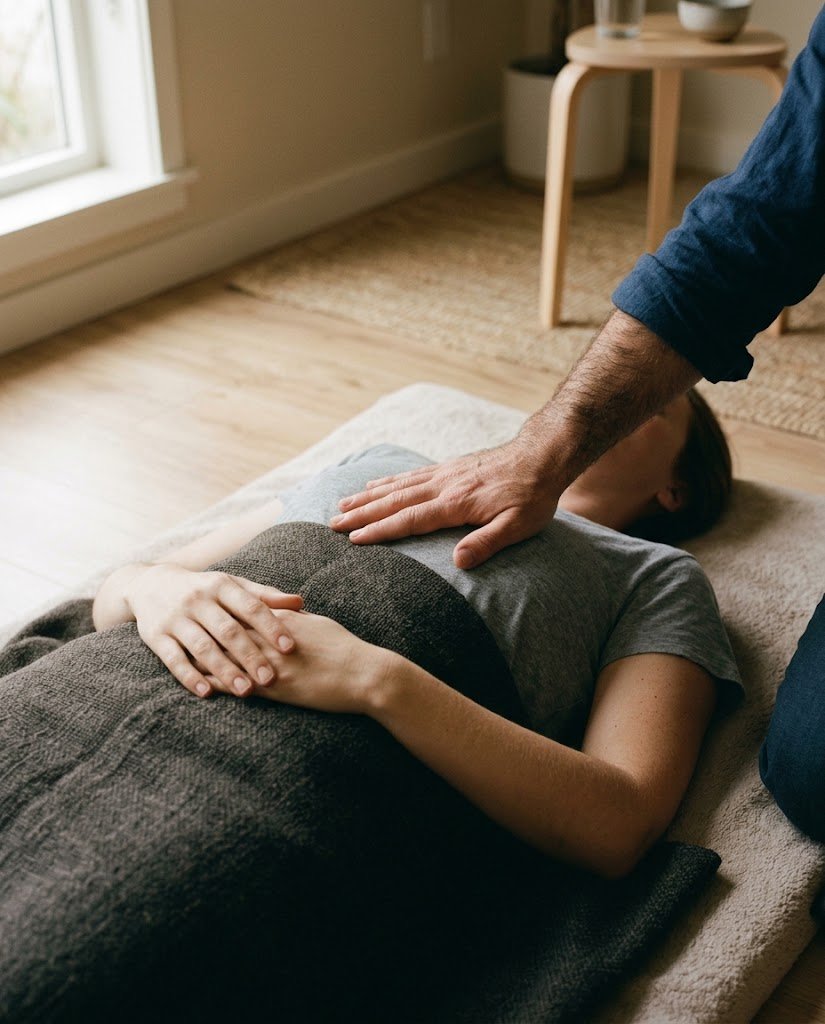 A facilitator's hand resting on a client's chest during consent-led bodywork