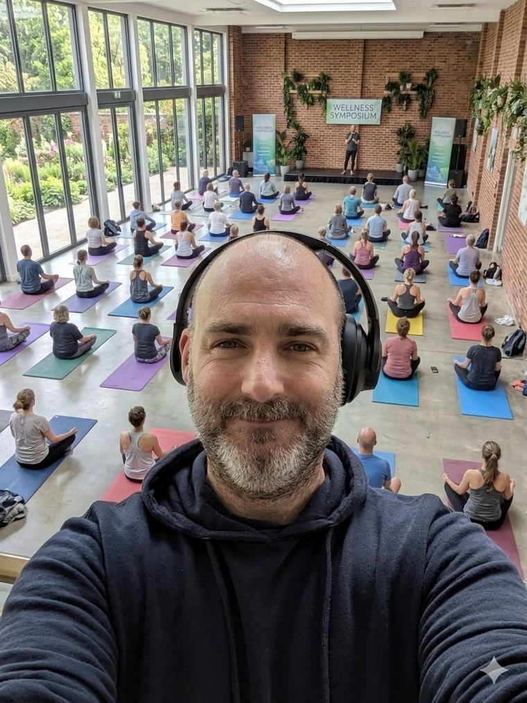 Richard Porter leading a session in a room full of people on mats