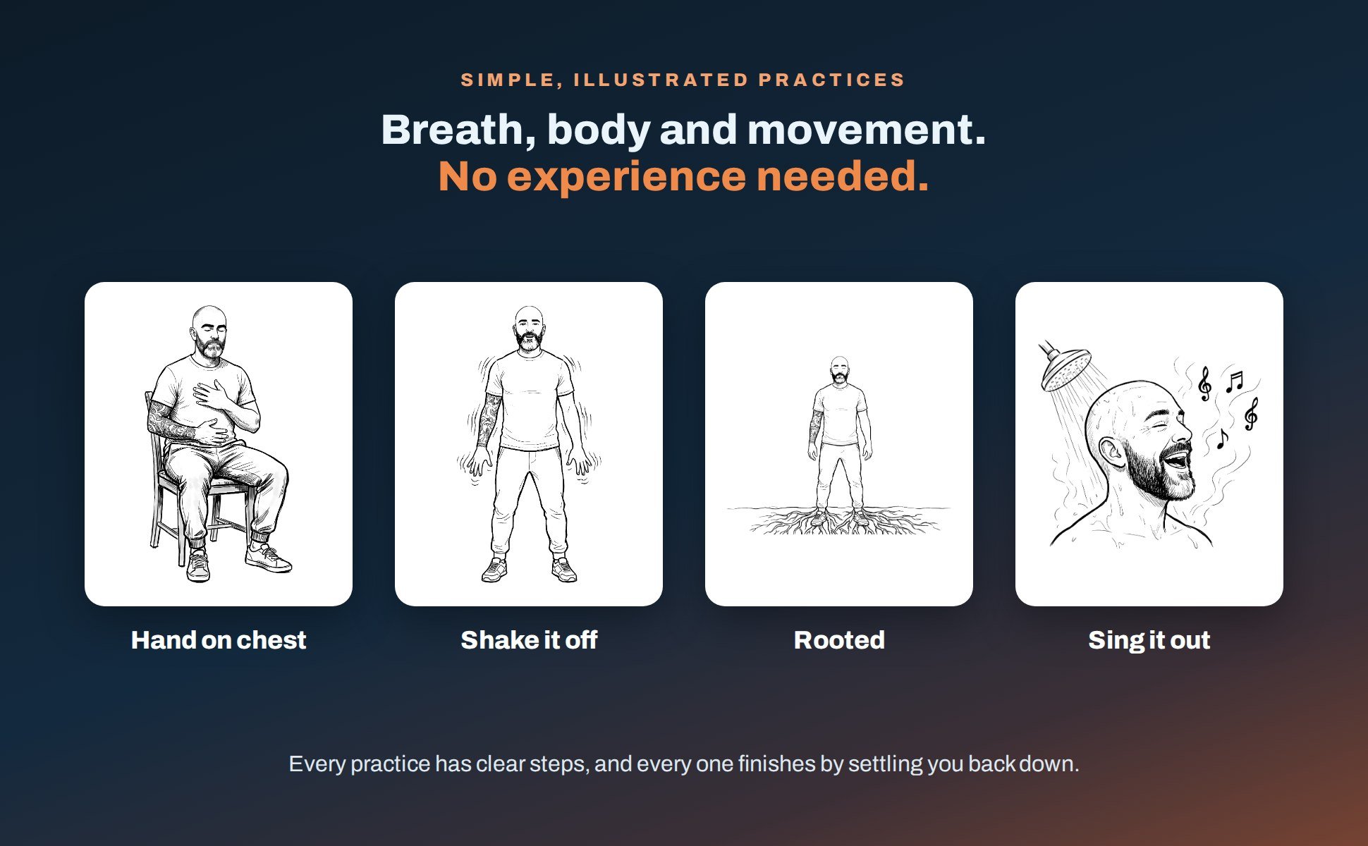 Four illustrated practices from the book: hand on chest, shake it off, rooted and sing it out