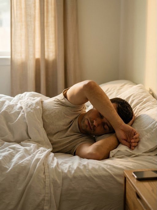 A man lying in bed in soft morning light, face turned into the pillow, one arm resting over his head