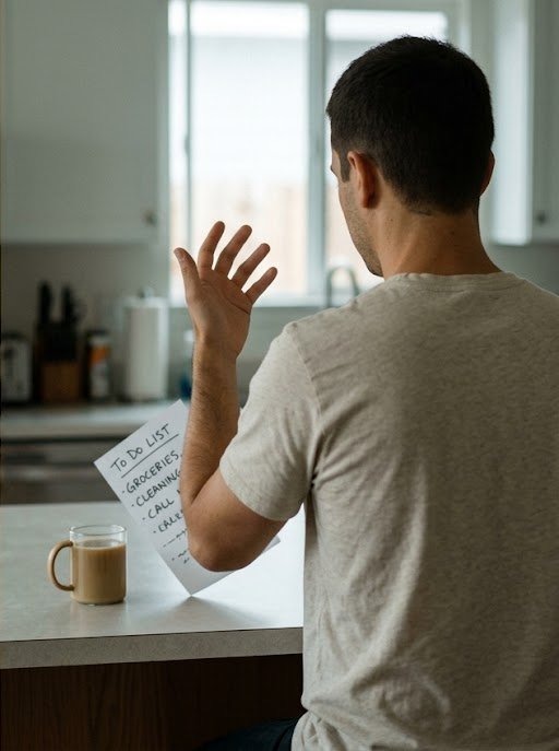 A man seen from behind in a kitchen, one hand raised as if pushing away a handwritten to-do list propped on the counter