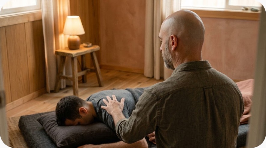 A practitioner kneeling beside a client lying face down on a mat, one hand resting gently on the client&rsquo;s shoulder, in a warm, softly lit treatment room