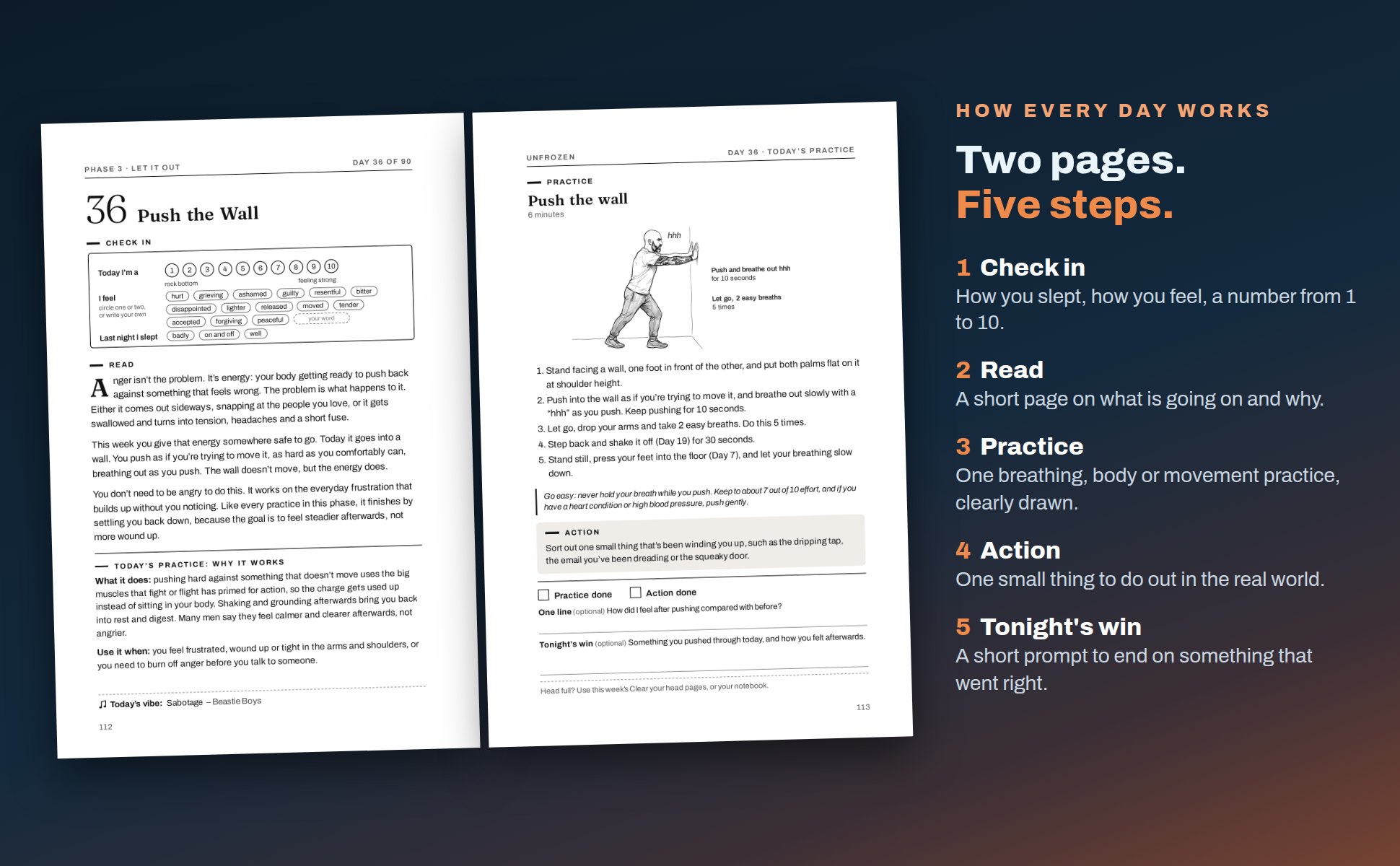 A two-page day from the book, with the five daily steps: check in, read, practice, action and tonight's win