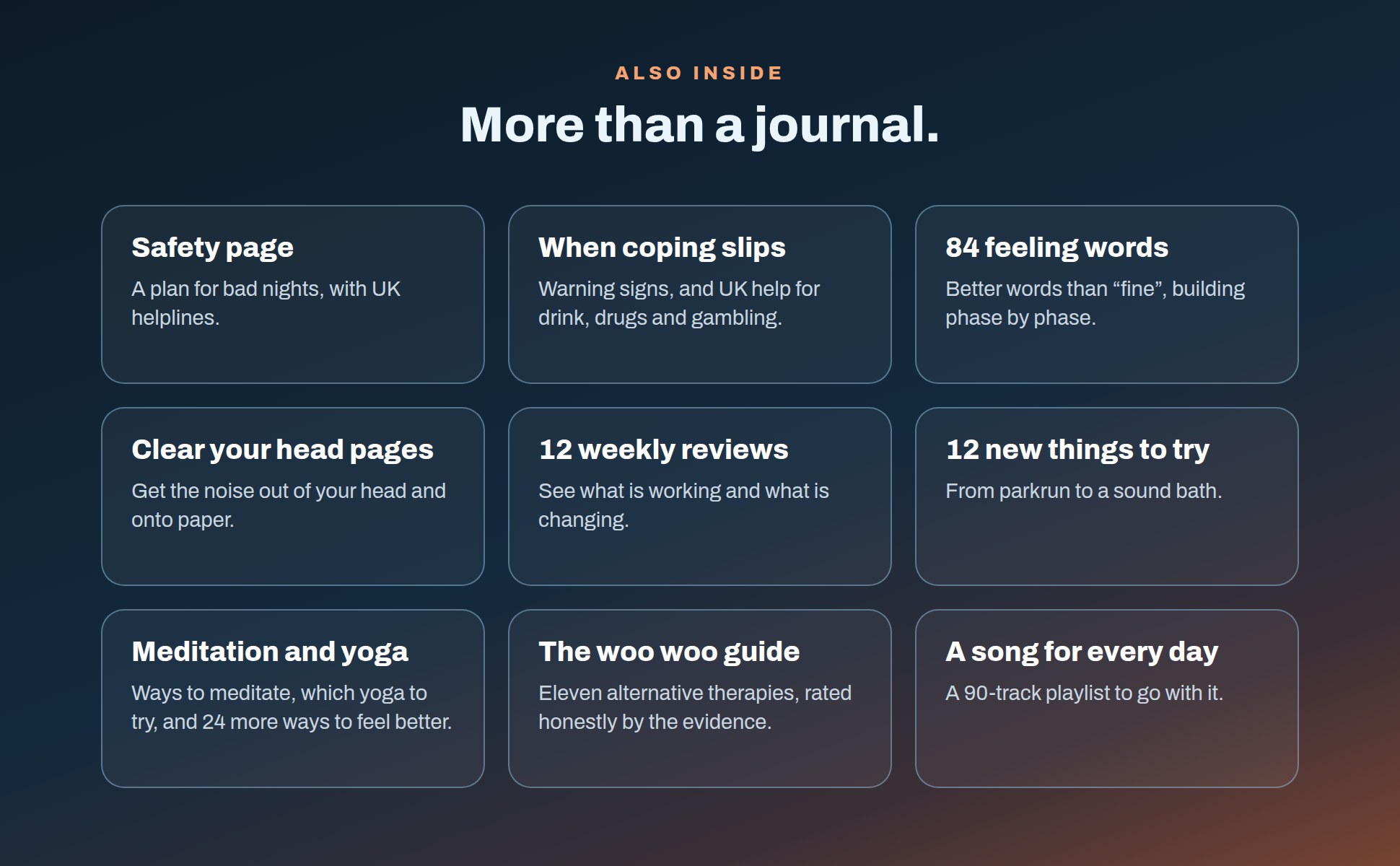 Also inside: a safety page, help when coping slips, 84 feeling words, Clear your head pages, 12 weekly reviews, 12 new things to try, meditation and yoga guides, the woo woo guide and a song for every day
